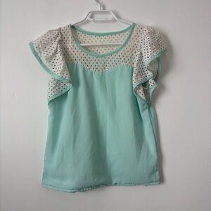 Mint Green Flutter Sleeve Blouse with Eyelet Lace Detail spring size S